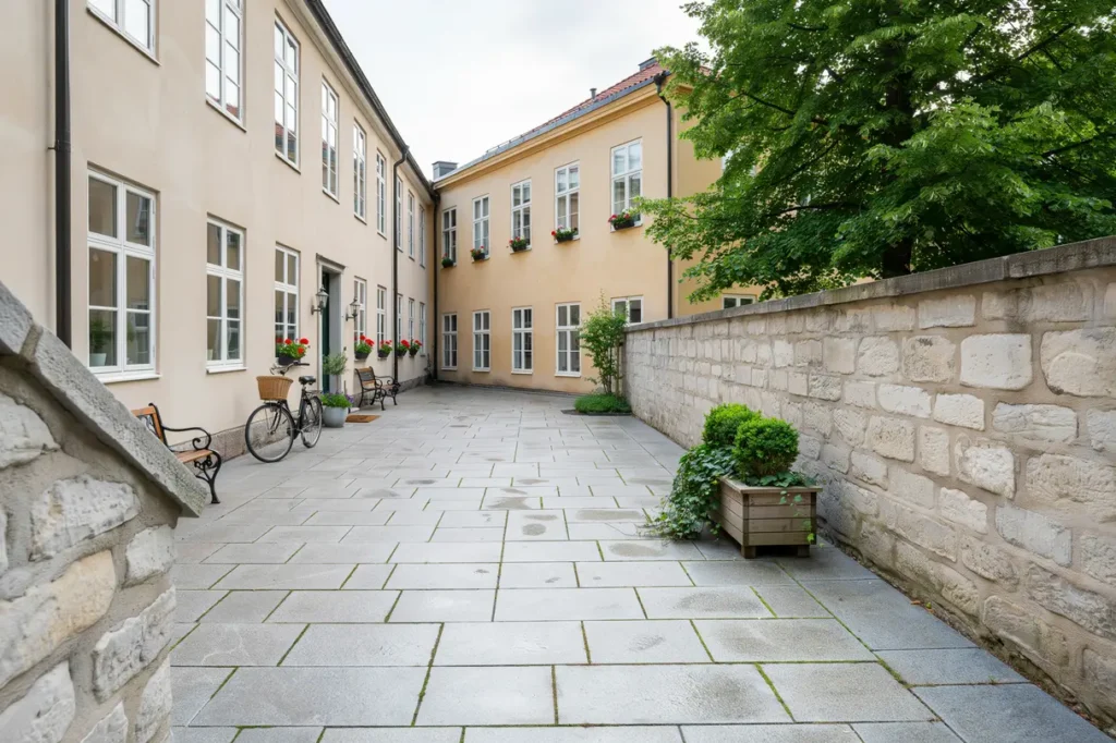 stens ttning och murbygge f r innerg rd i viken h gan s